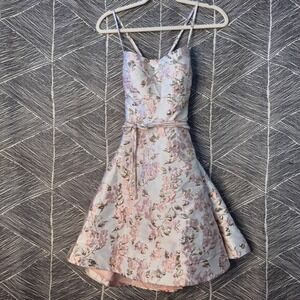 Coquette Floral Brocade Fit & Flare Dress Lace Up Back Pink Gold Size 11 /12